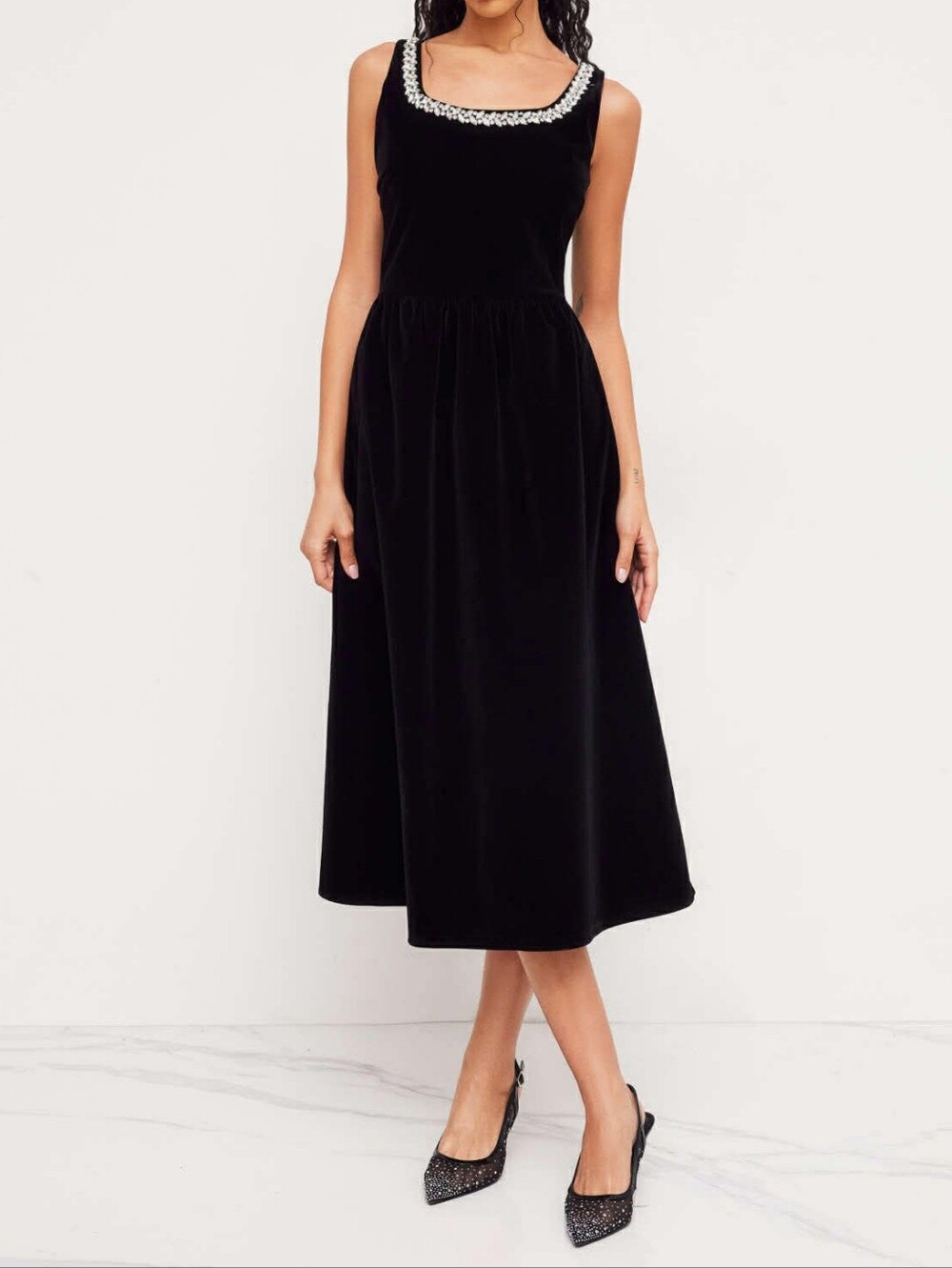 Black Velvet Sleeveless Midi Dress with Embellished Neckline Size S New